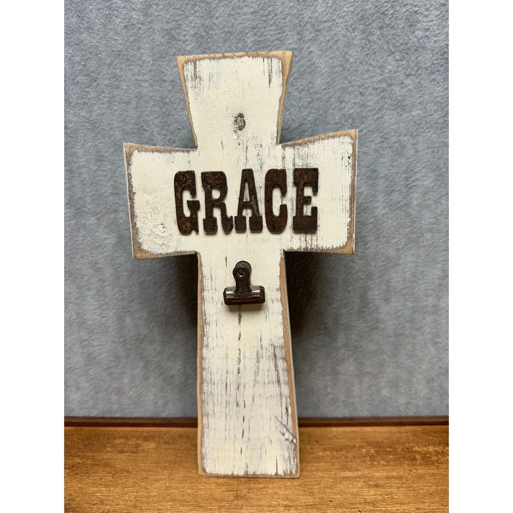 Wooden Grace Standing Cross White Distressed Rustic Metal Clip Decor